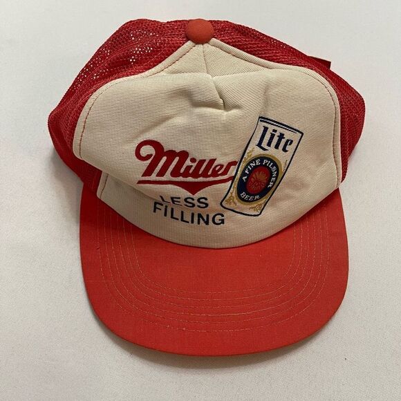 Vintage Miller Hat Cap Adult White Red Snap Back Trucker Beer Drinking 80s Mens - Picture 1 of 7